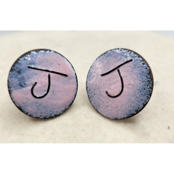 Pink/Purple Ceramic & Copper Screw Back Earrings Handmade - Letter J - Picture 1 of 2